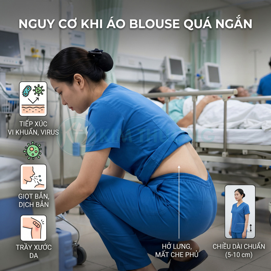 Điều dưỡng mặc áo blouse quá ngắn làm hở lưng khi cúi người, tiềm ẩn nguy cơ tiếp xúc vi khuẩn trong bệnh viện